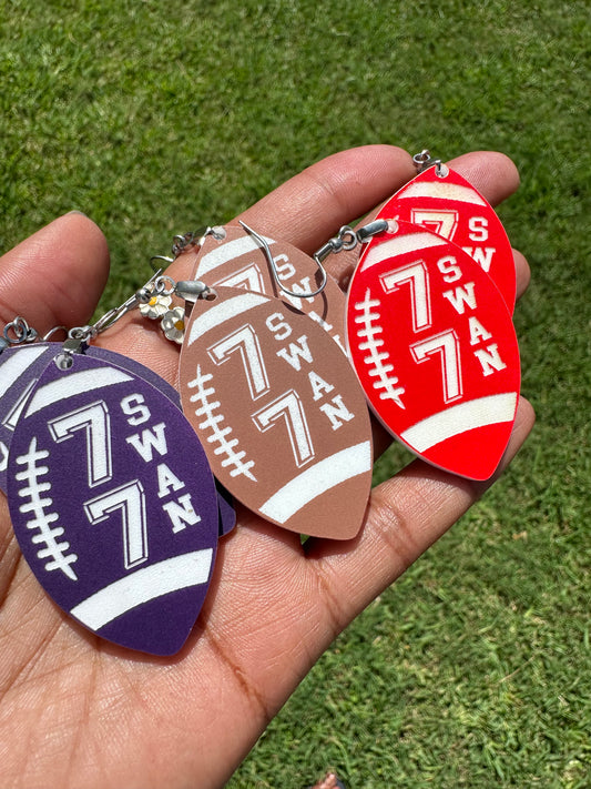 Football Jersey Number Name Earrings, Handmade, Lasercut, Dangle School League Colors