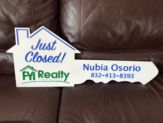 Real Estate JUST CLOSED Key Prop Closing Sign White Trim House Shape - So So Diva Designs & Personalized Gifts