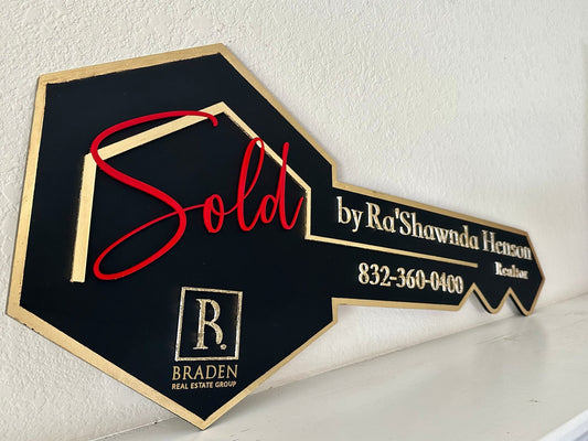 Real Estate SOLD Key Prop Closing Sign Black Gold Trim House Inset - So So Diva Designs & Personalized Gifts